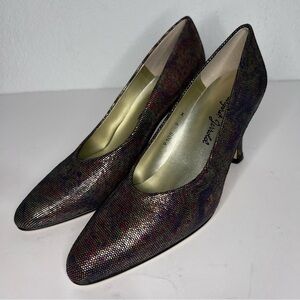 Margaret Jerrold Gold Reptile Print Leather Heeled Pumps New 9
